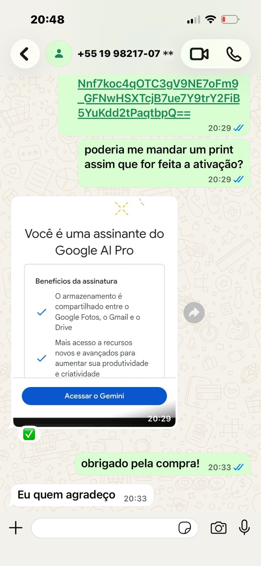 Print de conversa no WhatsApp confirmando a ativação do Google AI Pro 4