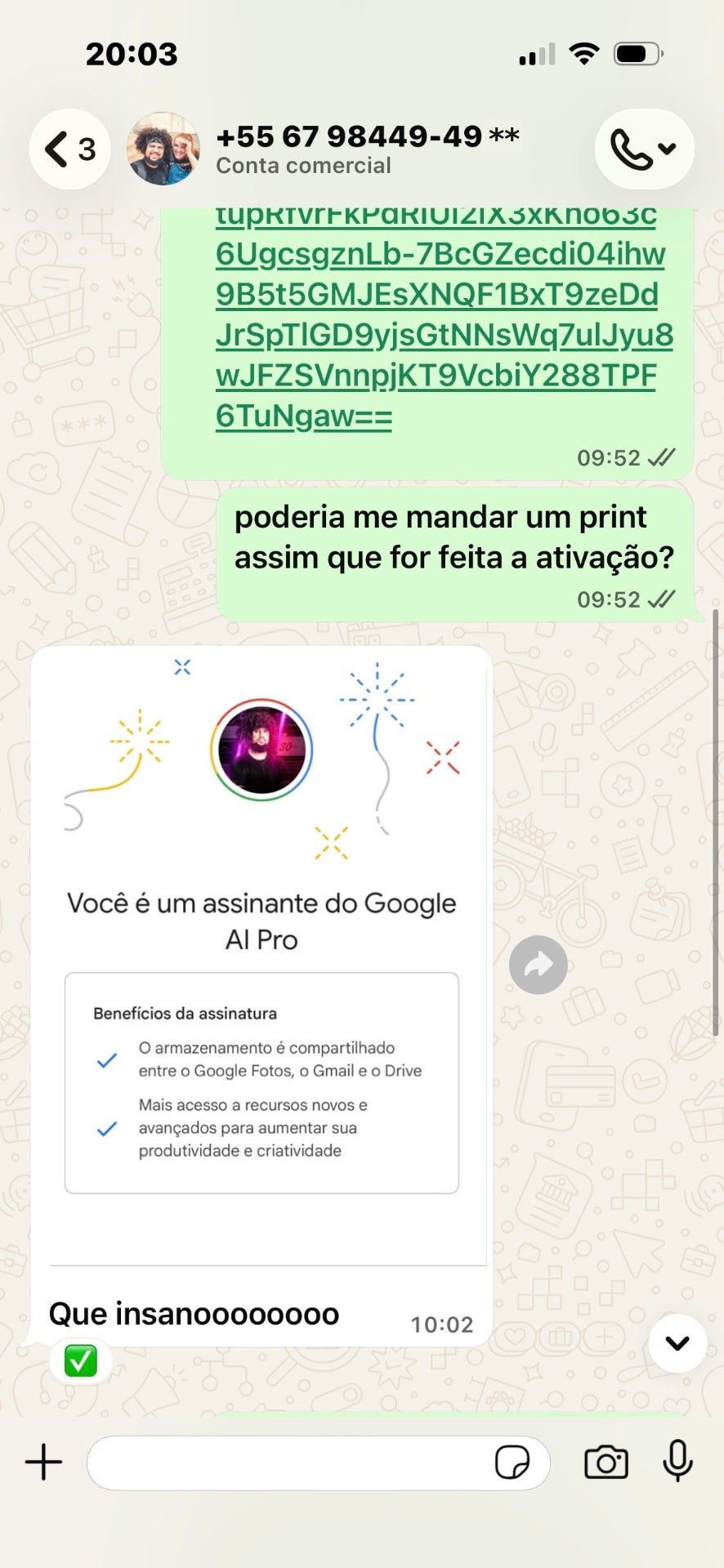 Print de conversa no WhatsApp confirmando a ativação do Google AI Pro 2