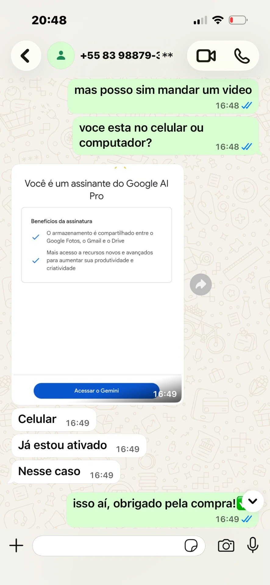 Print de conversa no WhatsApp confirmando a ativação do Google AI Pro 7